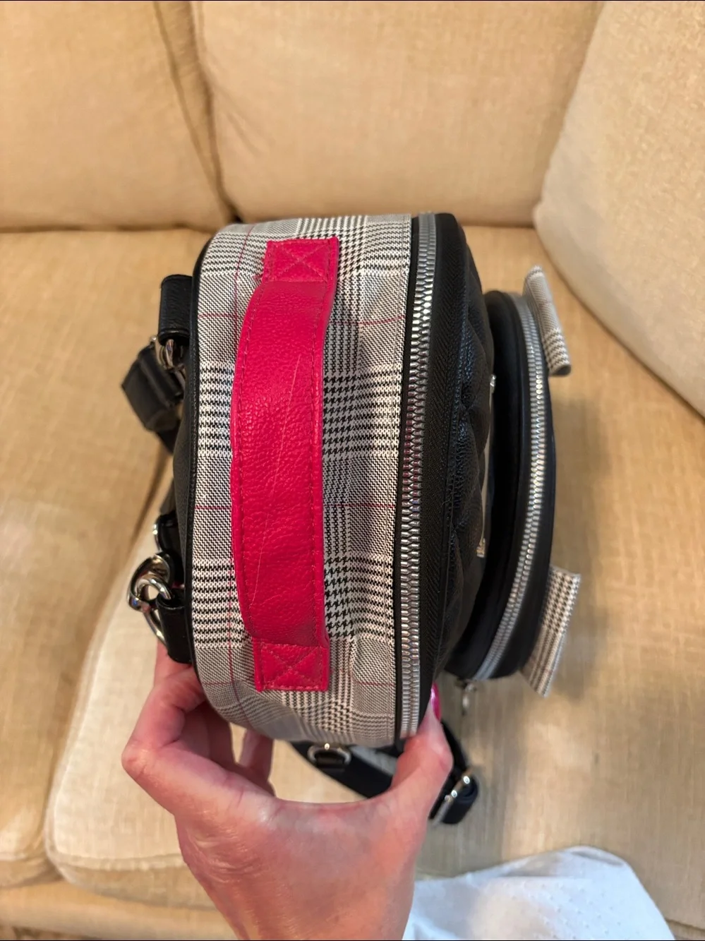 Betsey Johnson Kids Black & Cream Puppy Face Backpack with Pink Handle